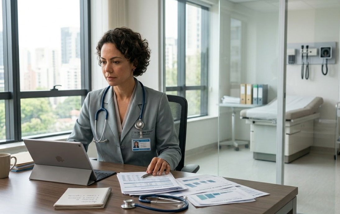 Estratégia de marketing digital para médicos e clínicas: profissional de saúde utilizando tecnologia para gestão e anúncios online.